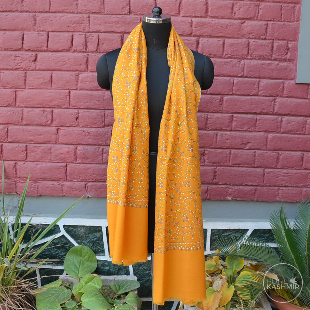 Yellow Kashmir Sozni Embroidery Wool Scarf