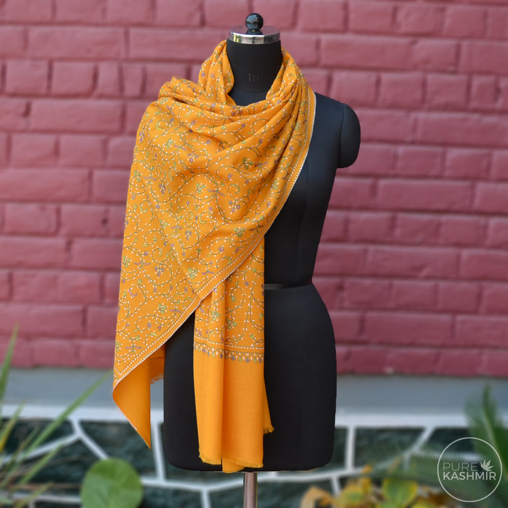 Yellow Kashmir Sozni Embroidery Wool Scarf