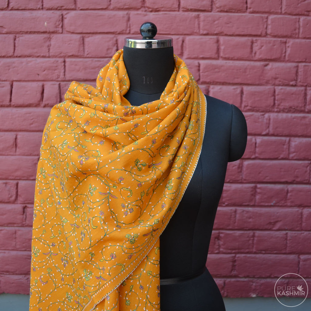 Yellow Kashmir Sozni Embroidery Wool Scarf