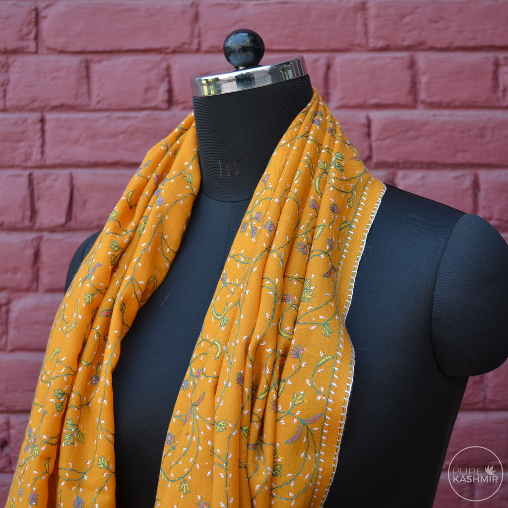 Yellow Kashmir Sozni Embroidery Wool Scarf