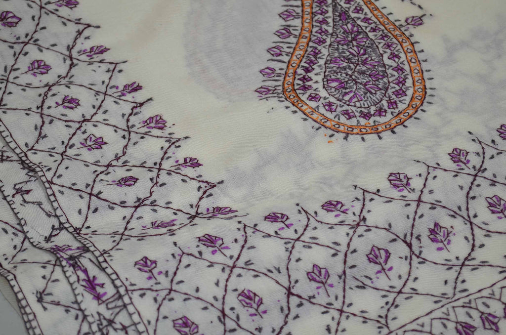 Ivory Merino Sozni Hand Embroidery Shawl