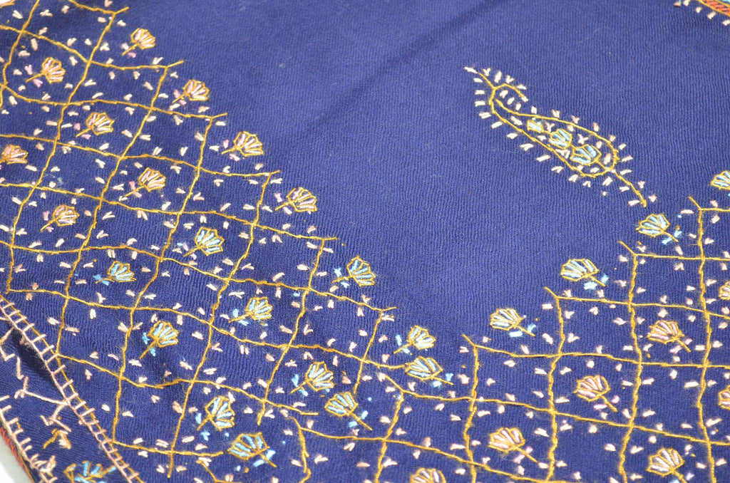 Navy Blue Merino Sozni Hand Embroidery Shawl