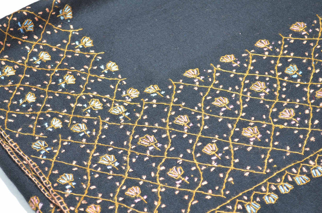 Black Merino Sozni Hand Embroidery Shawl