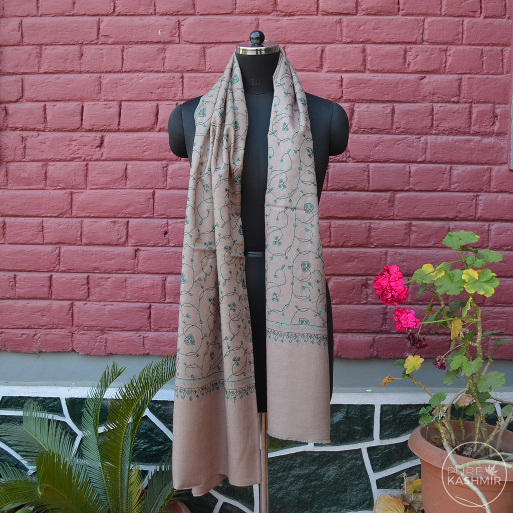 Fawn Kashmir Sozni Embroidery Wool Scarf