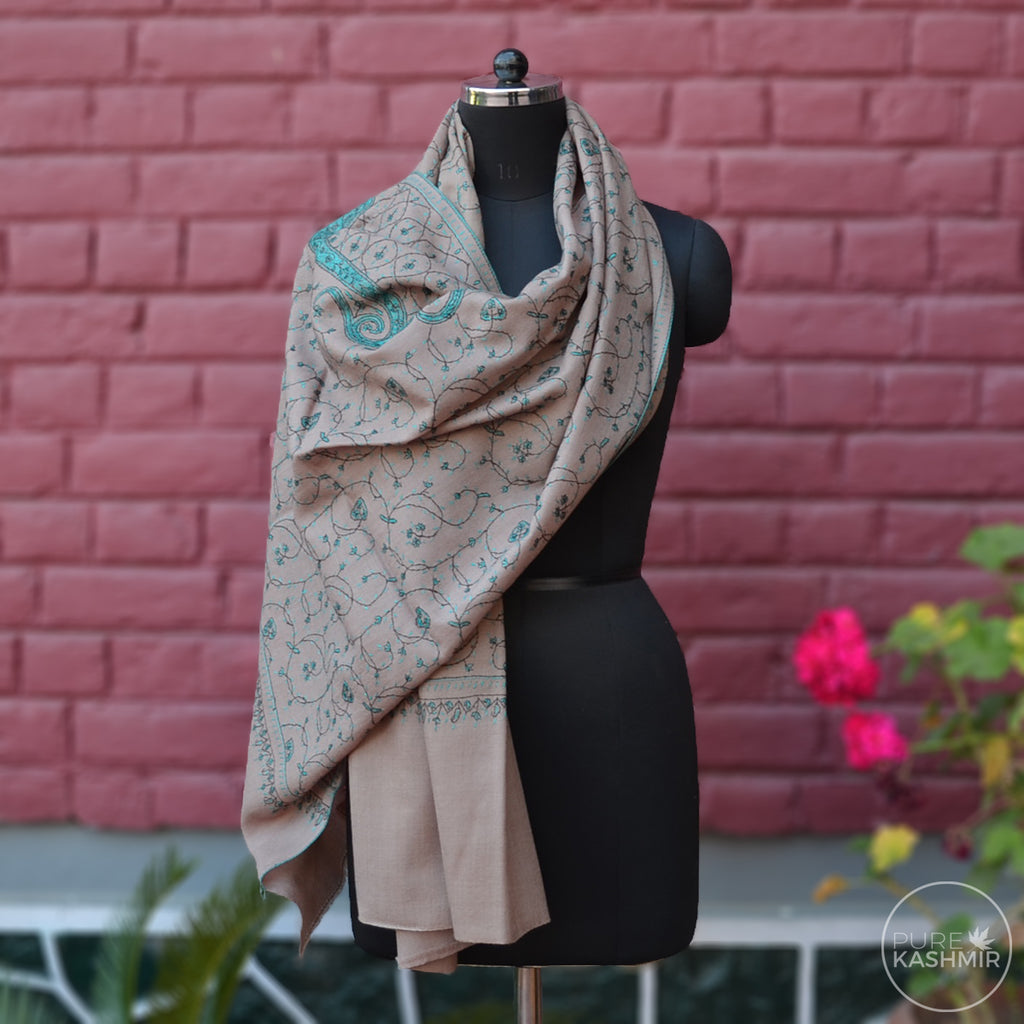 Fawn Kashmir Sozni Embroidery Wool Scarf