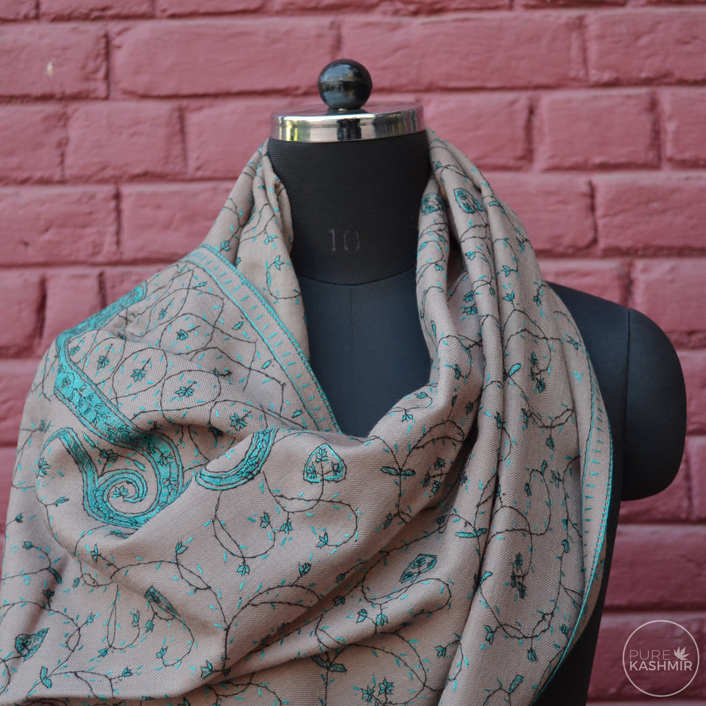 Fawn Kashmir Sozni Embroidery Wool Scarf