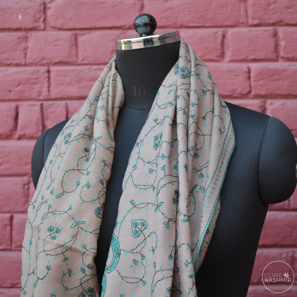 Fawn Kashmir Sozni Embroidery Wool Scarf