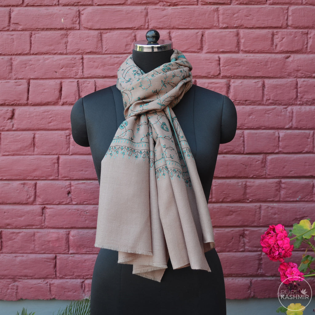 Fawn Kashmir Sozni Embroidery Wool Scarf