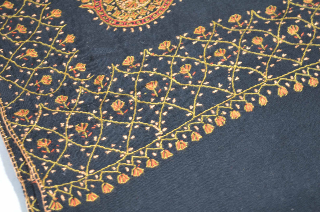 Black Merino Sozni Hand Embroidery Shawl