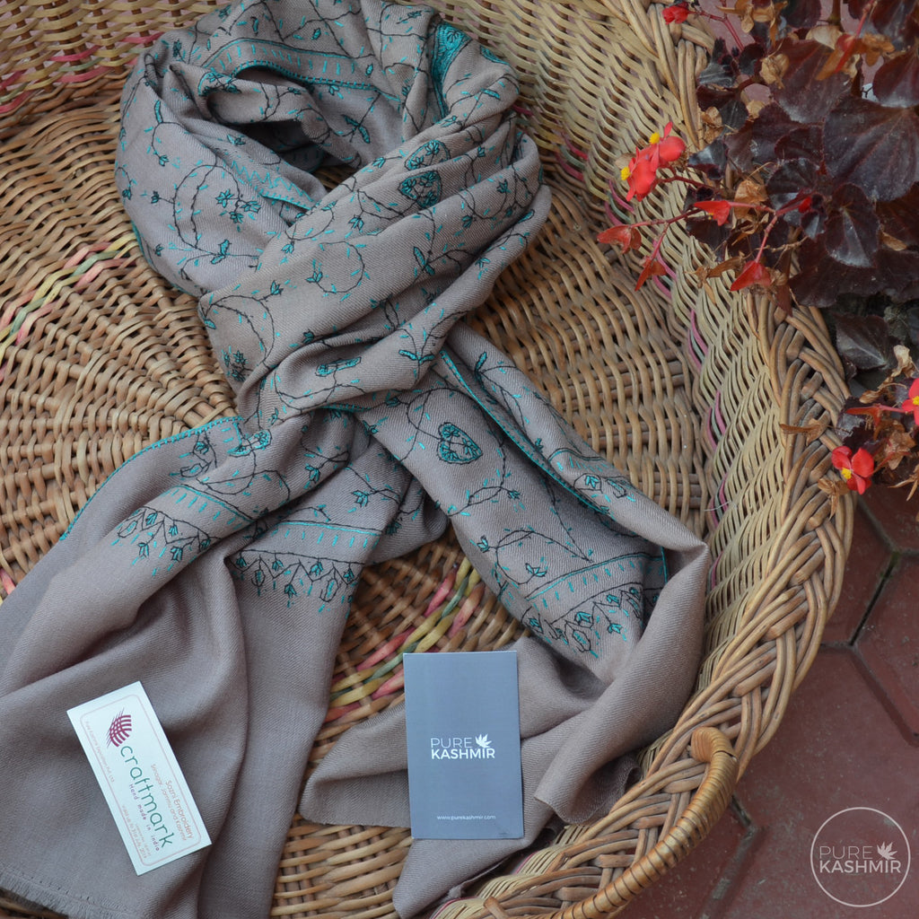 Fawn Kashmir Sozni Embroidery Wool Scarf