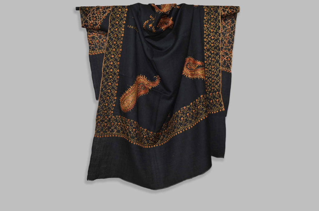 Black Merino Sozni Hand Embroidery Shawl