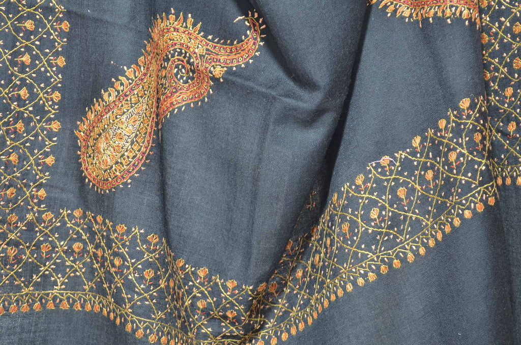 Black Merino Sozni Hand Embroidery Shawl