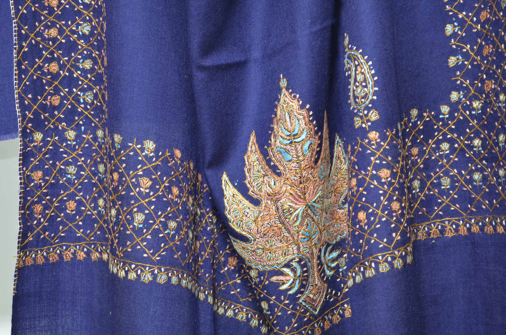 Navy Blue Merino Sozni Hand Embroidery Shawl