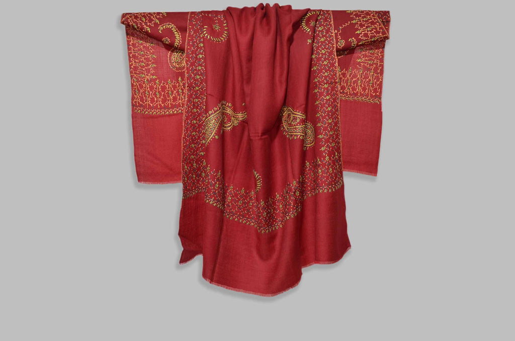 Maroon Merino Sozni Hand Embroidery Shawl