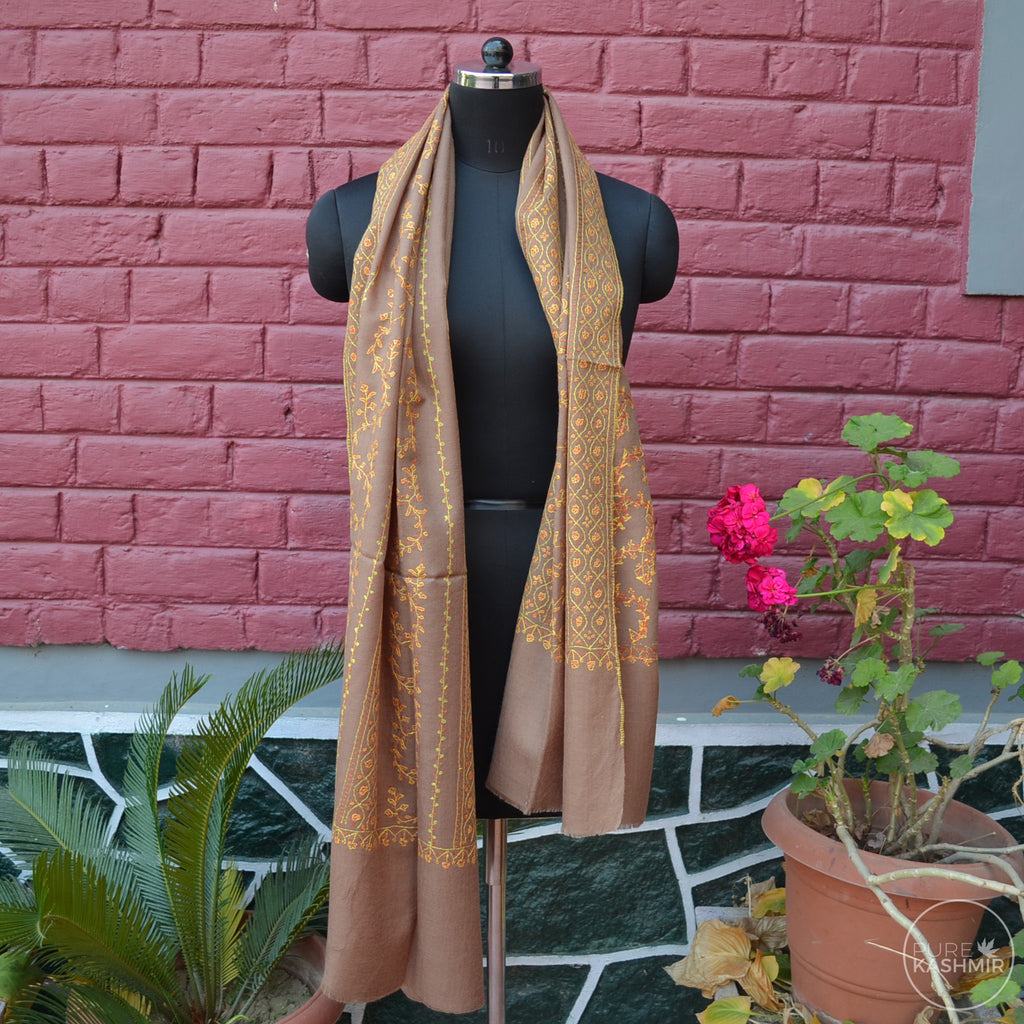 Tan Brown Kashmir Sozni Embroidery Wool Scarf