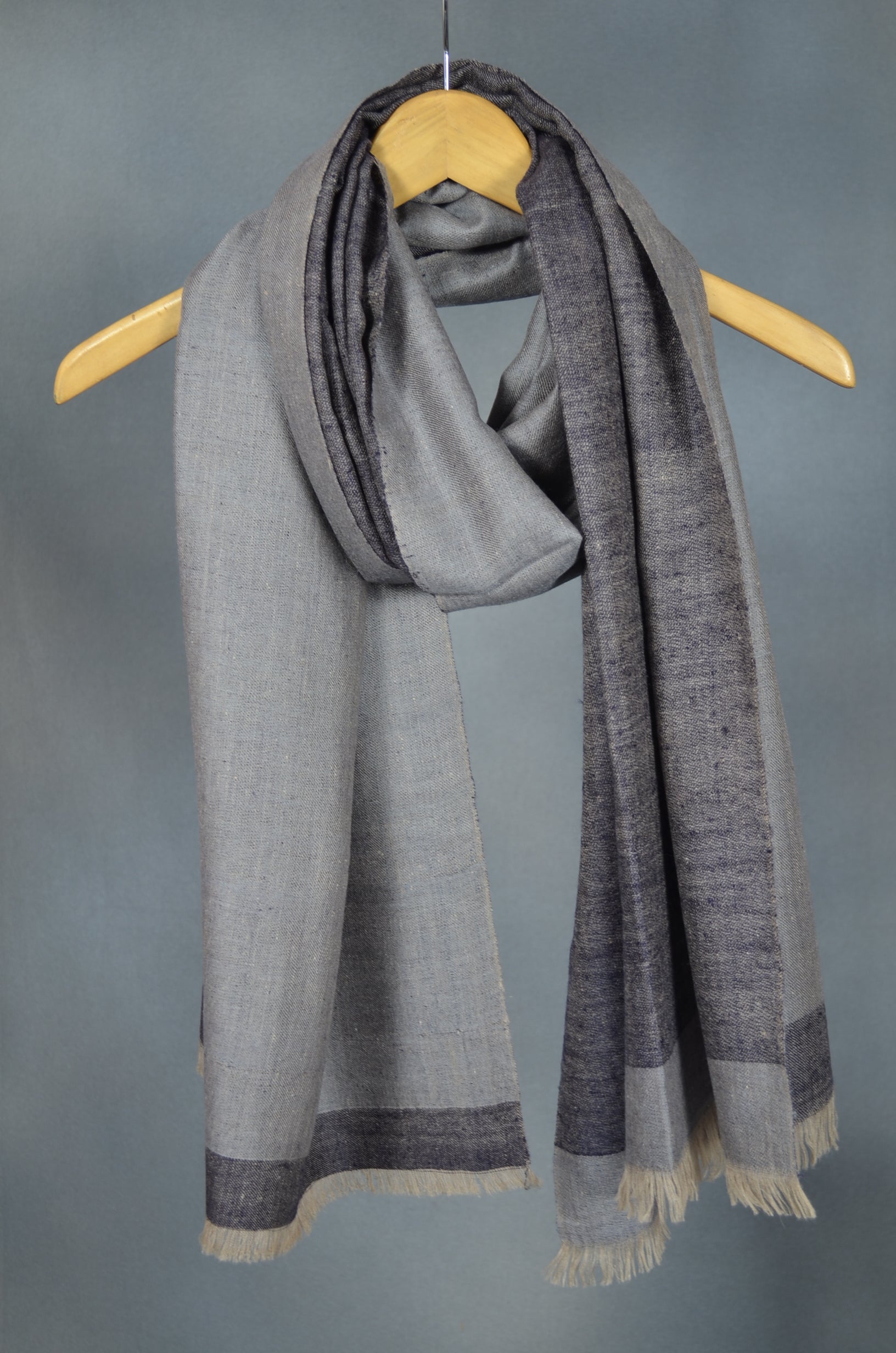 Reversible Dark Navy and Grey Handwoven Cashmere Pashmina Shawl