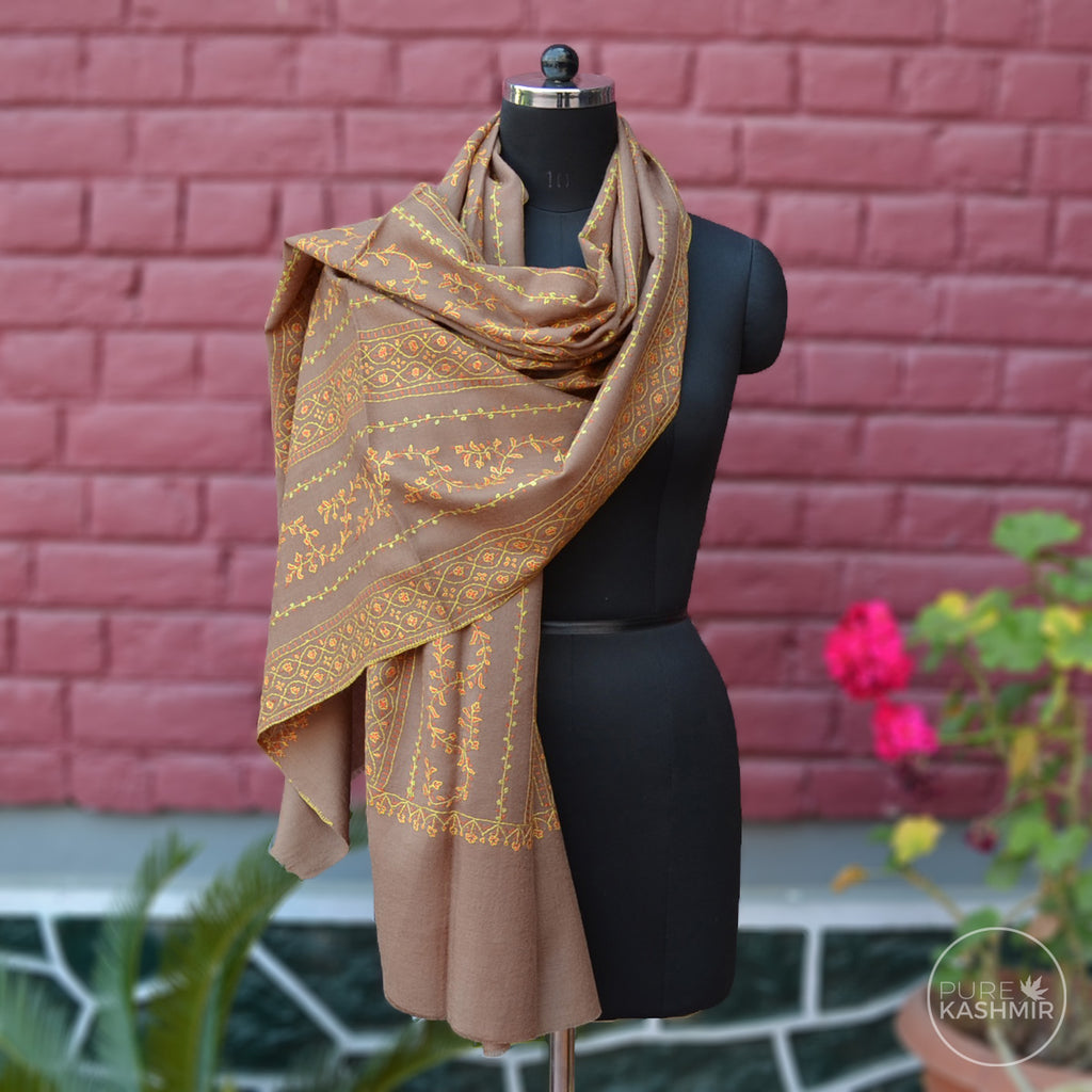 Tan Brown Kashmir Sozni Embroidery Wool Scarf