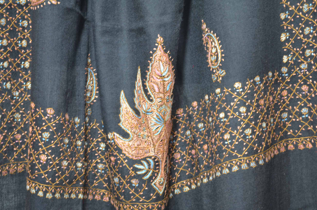 Black Merino Sozni Hand Embroidery Shawl