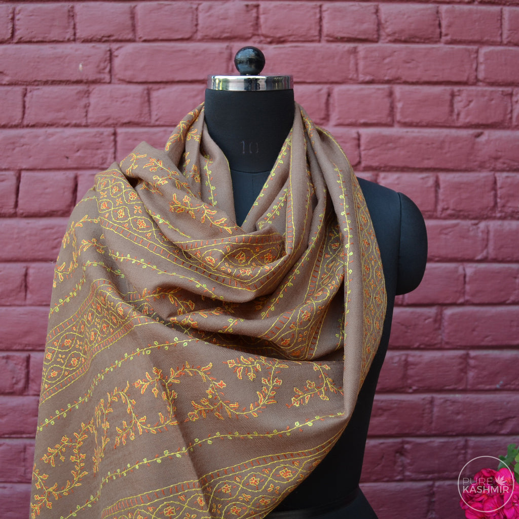 Tan Brown Kashmir Sozni Embroidery Wool Scarf