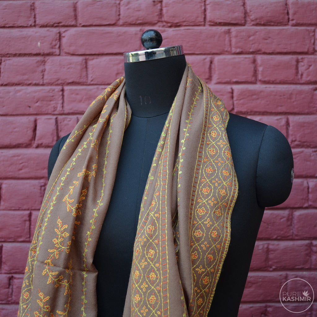 Tan Brown Kashmir Sozni Embroidery Wool Scarf