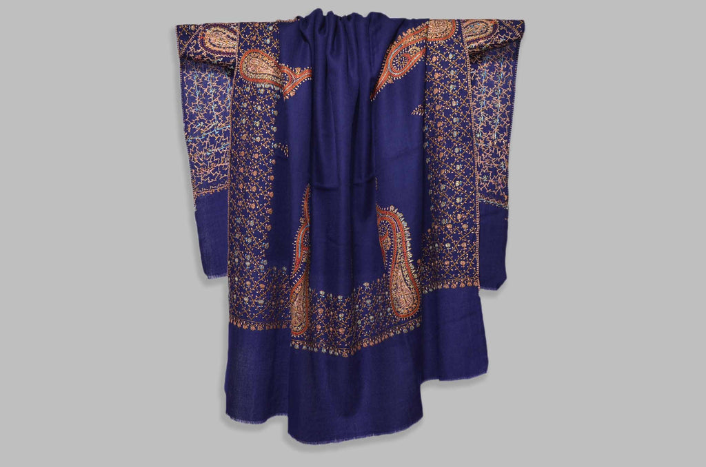 Navy Blue Merino Sozni Hand Embroidery Shawl
