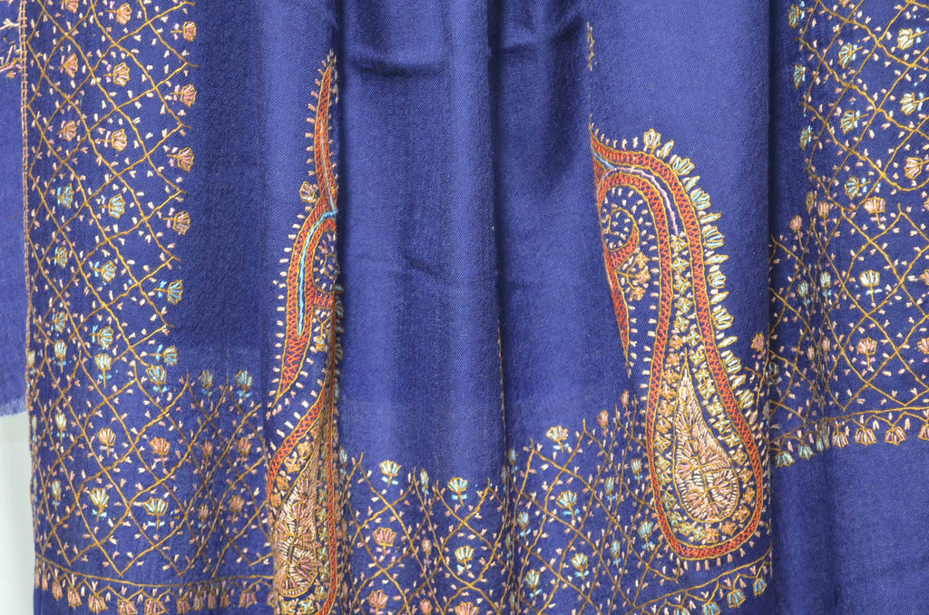 Navy Blue Merino Sozni Hand Embroidery Shawl