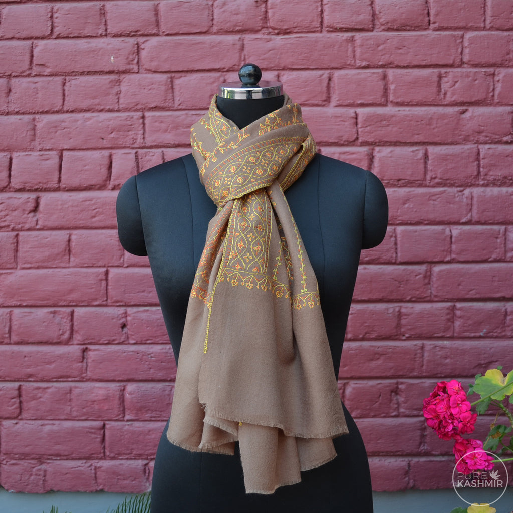 Tan Brown Kashmir Sozni Embroidery Wool Scarf