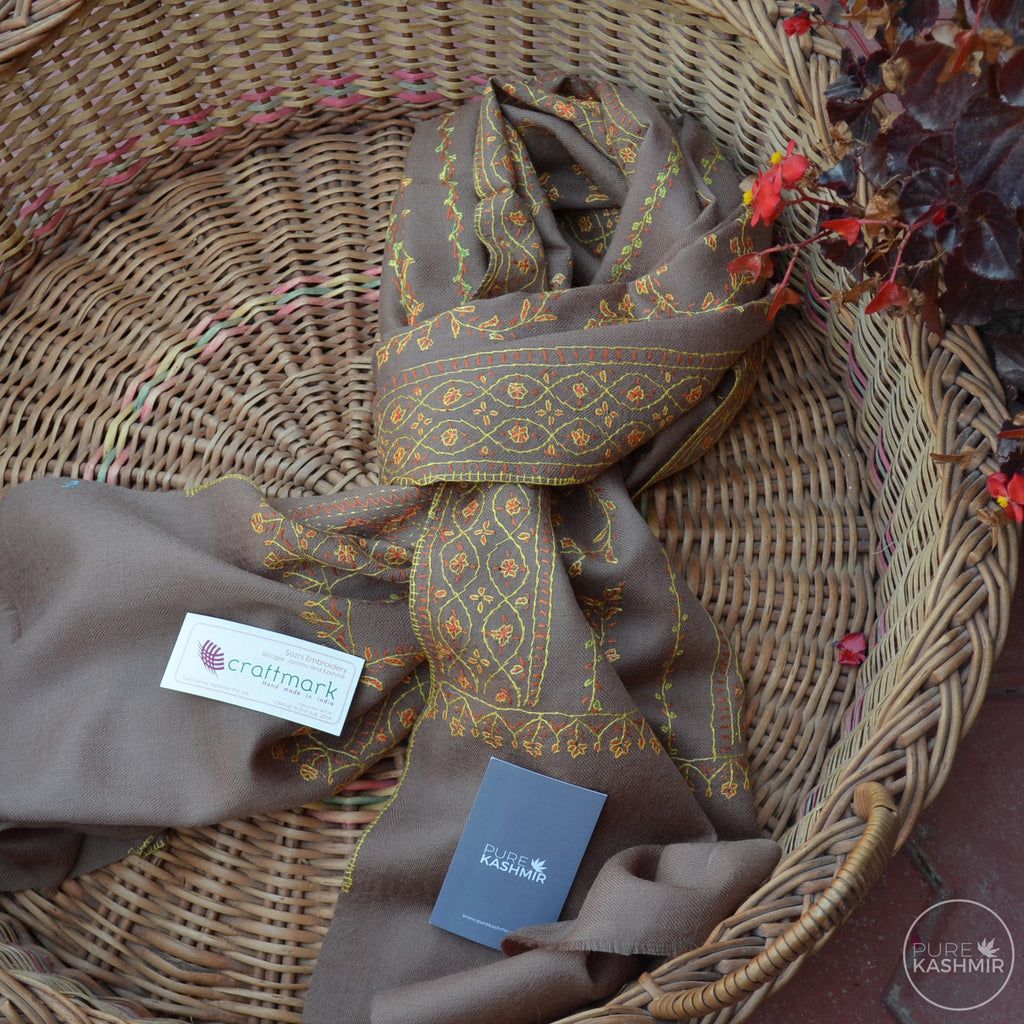 Tan Brown Kashmir Sozni Embroidery Wool Scarf