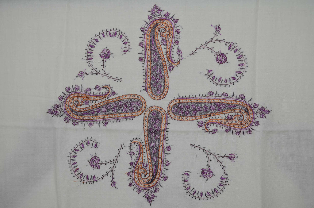 Ivory Merino Sozni Hand Embroidery Shawl