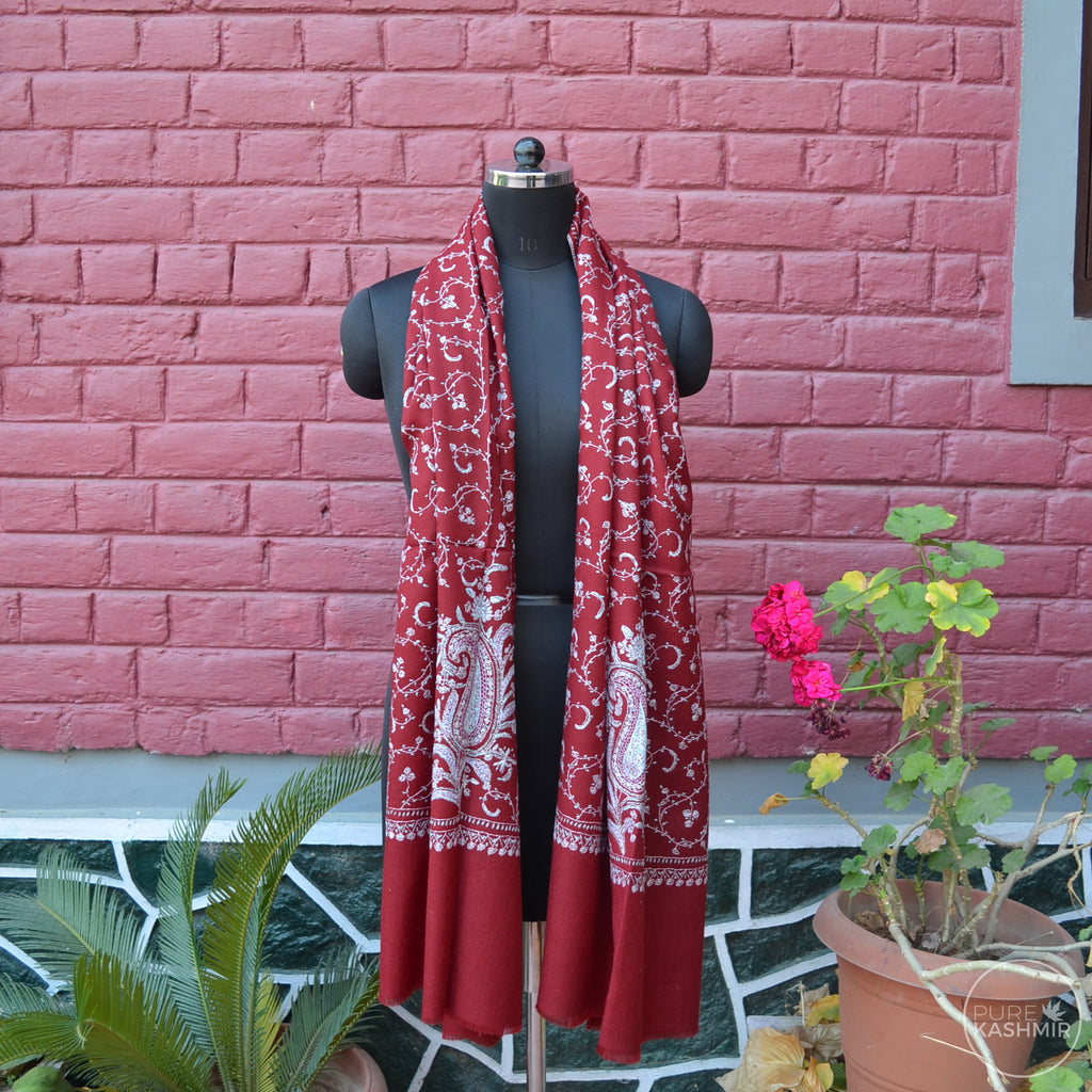 Maroon Kashmir Sozni Embroidery Wool Scarf