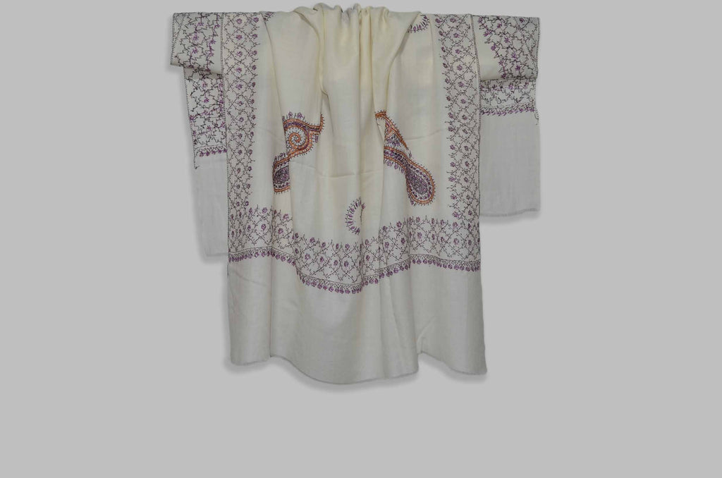 Ivory Merino Sozni Hand Embroidery Shawl