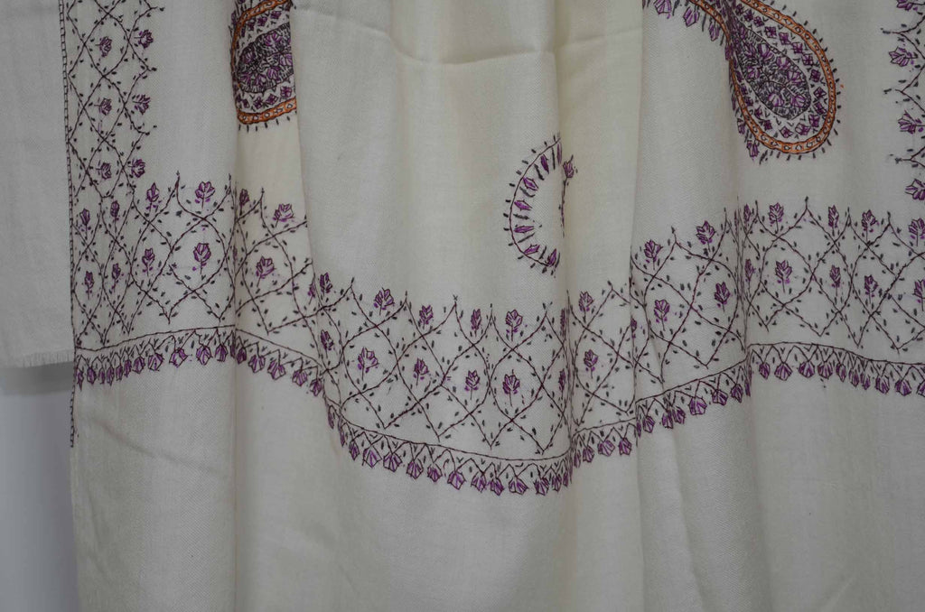 Ivory Merino Sozni Hand Embroidery Shawl