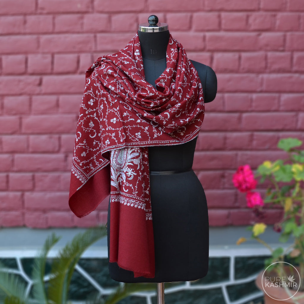 Maroon Kashmir Sozni Embroidery Wool Scarf