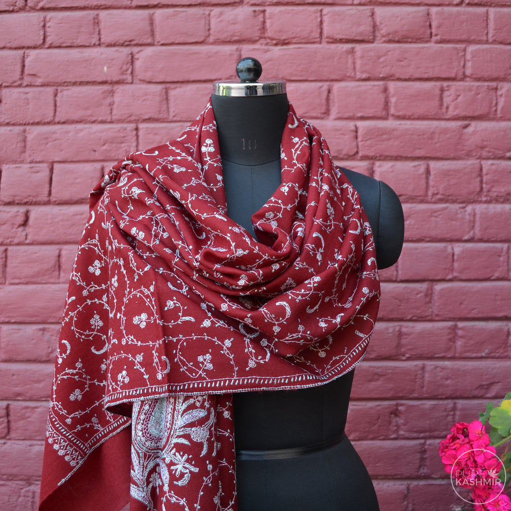 Maroon Kashmir Sozni Embroidery Wool Scarf