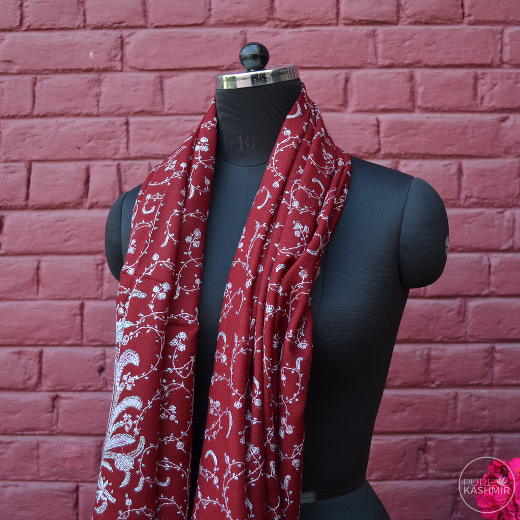 Maroon Kashmir Sozni Embroidery Wool Scarf