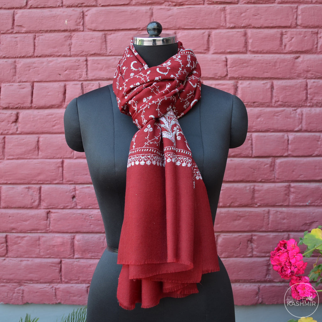 Maroon Kashmir Sozni Embroidery Wool Scarf