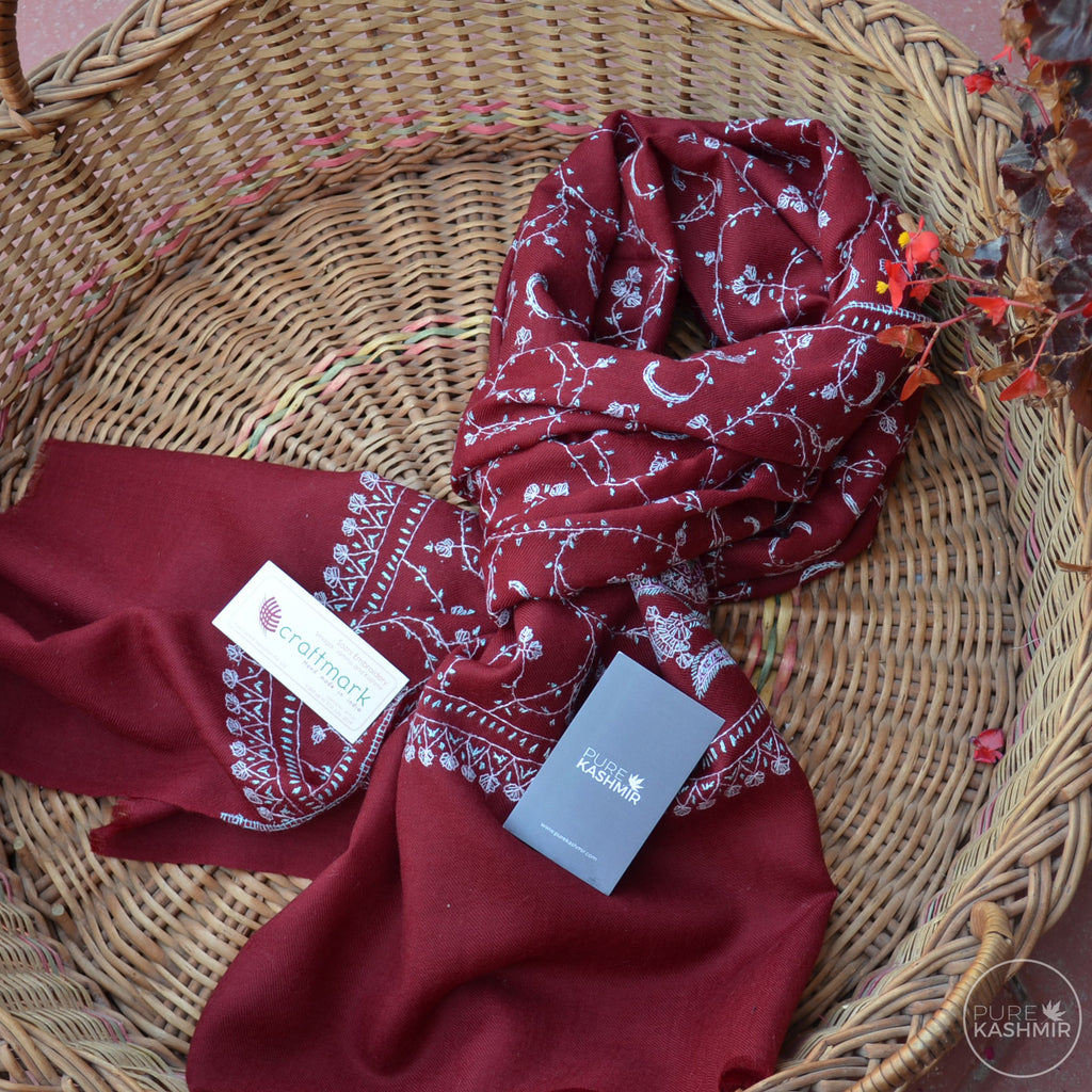 Maroon Kashmir Sozni Embroidery Wool Scarf