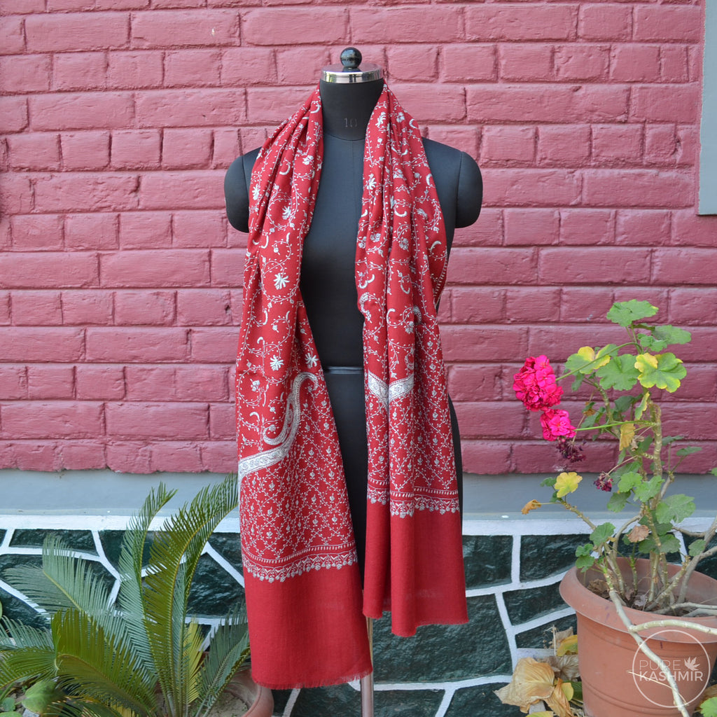Maroon Kashmir Sozni Embroidery Wool Scarf
