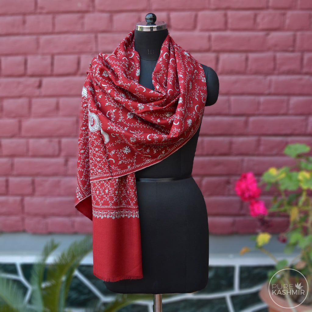 Maroon Kashmir Sozni Embroidery Wool Scarf