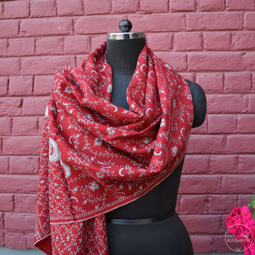 Maroon Kashmir Sozni Embroidery Wool Scarf