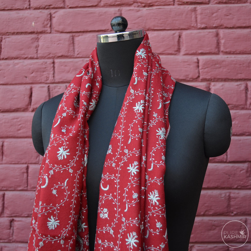Maroon Kashmir Sozni Embroidery Wool Scarf