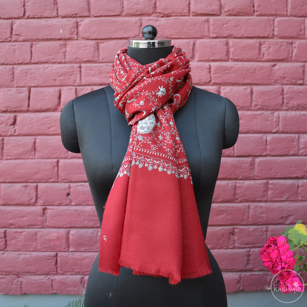 Maroon Kashmir Sozni Embroidery Wool Scarf