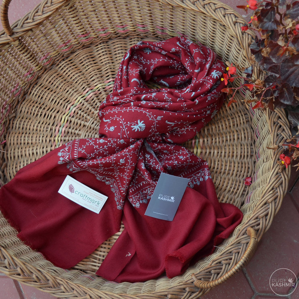 Maroon Kashmir Sozni Embroidery Wool Scarf