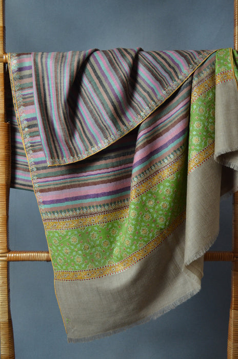 Green Ikat Big Border Embroidery Cashmere Pashmina Shawl