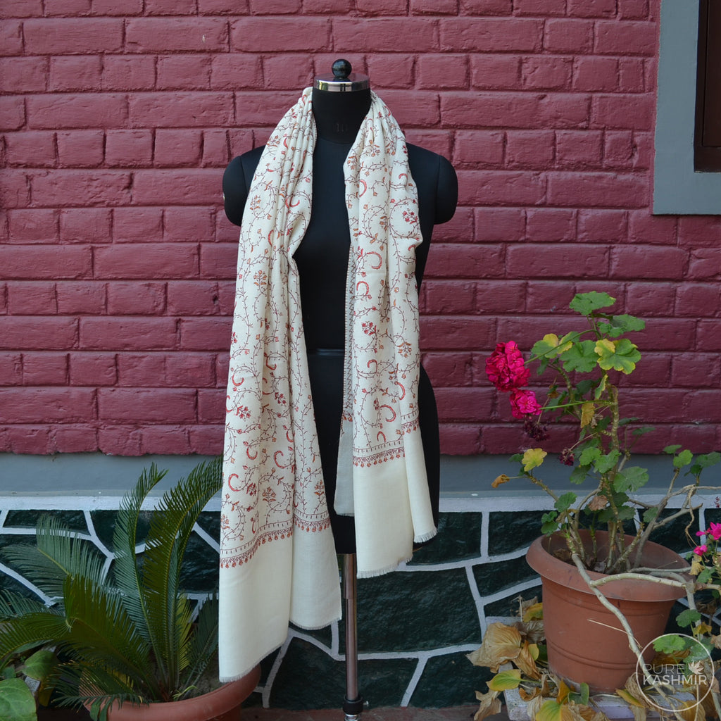 White Kashmir Sozni Embroidery Wool Scarf