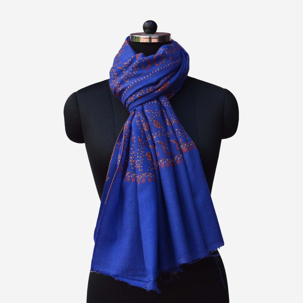 Needle sozni embroidery on this beautiful indigo base kashmiri woolen stole