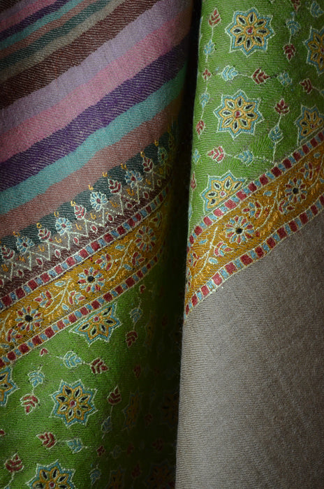 Green Ikat Big Border Embroidery Cashmere Pashmina Shawl