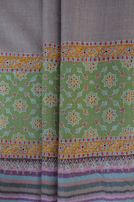 Green Ikat Big Border Embroidery Cashmere Pashmina Shawl