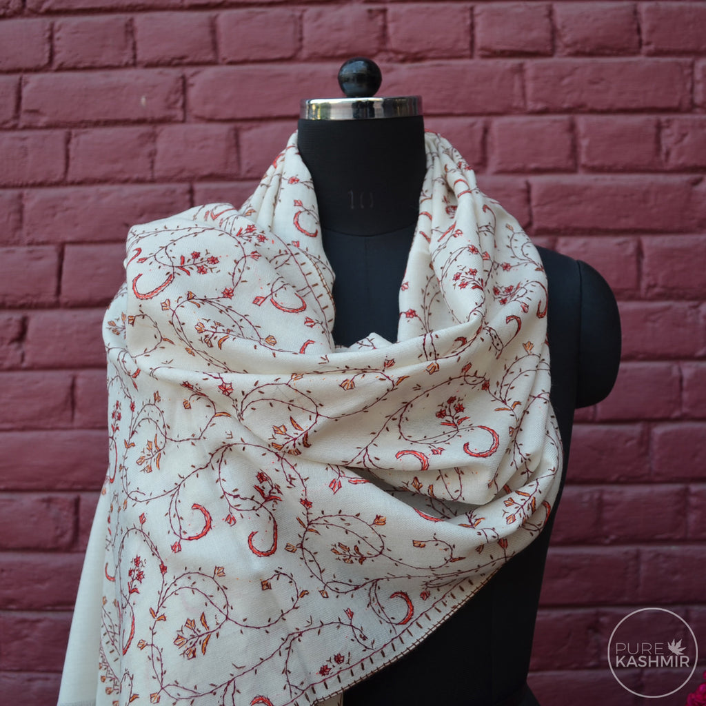 White Kashmir Sozni Embroidery Wool Scarf