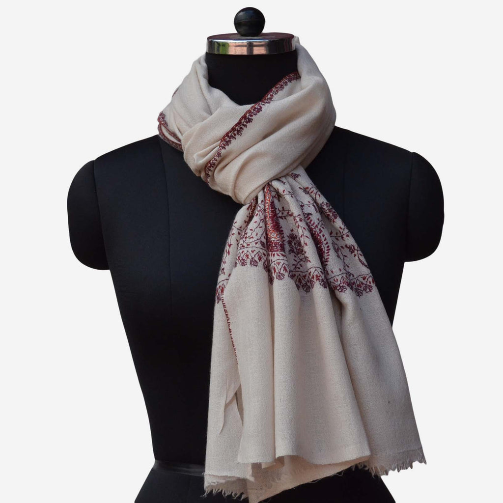 Ivory Kashmir merino woolen embroidered scarf